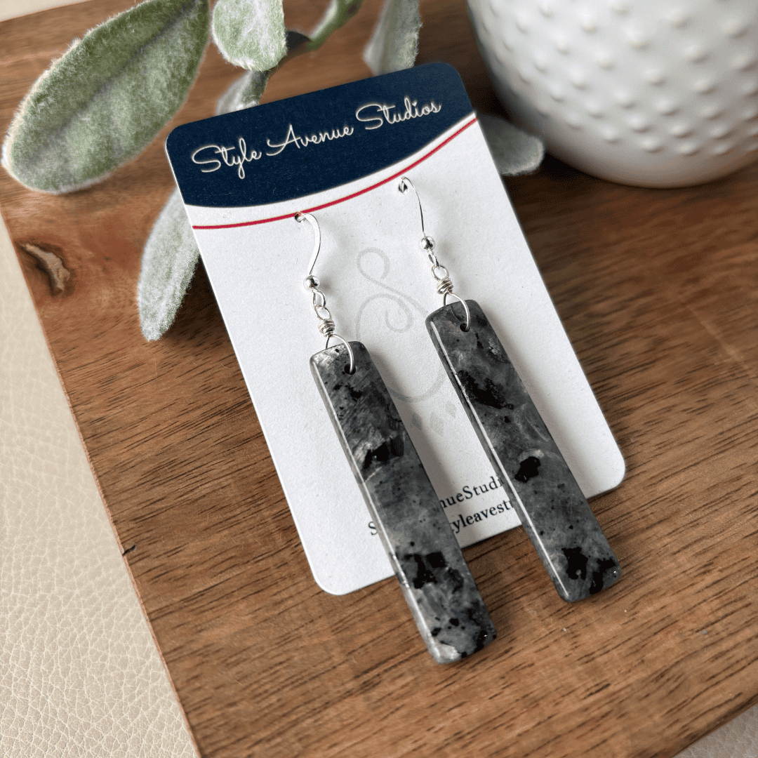 Black labradorite stone bar earrings with sterling silver earwires