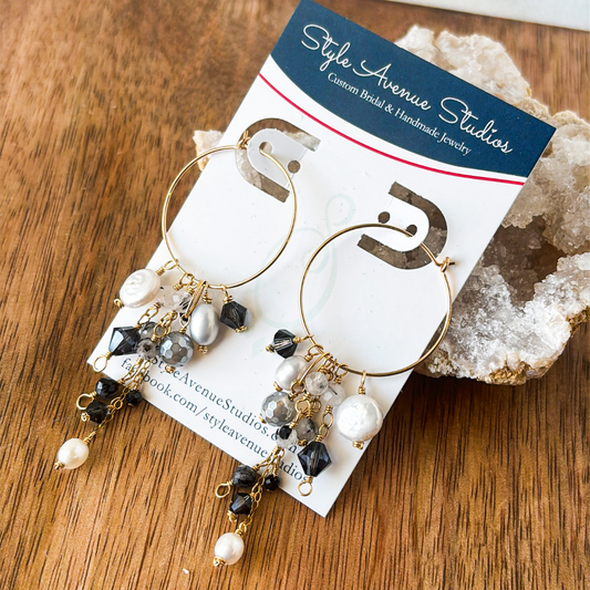 Gray and Gold Cluster Hoop Earrings