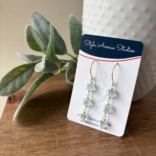 Triple Pale Blue Crystal Cube Earrings