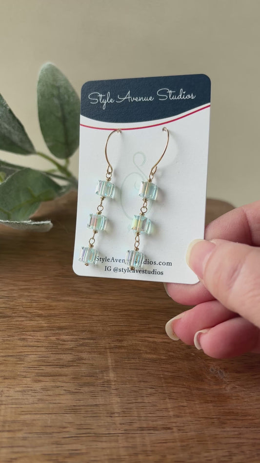 Triple Pale Blue Crystal Cube Earrings