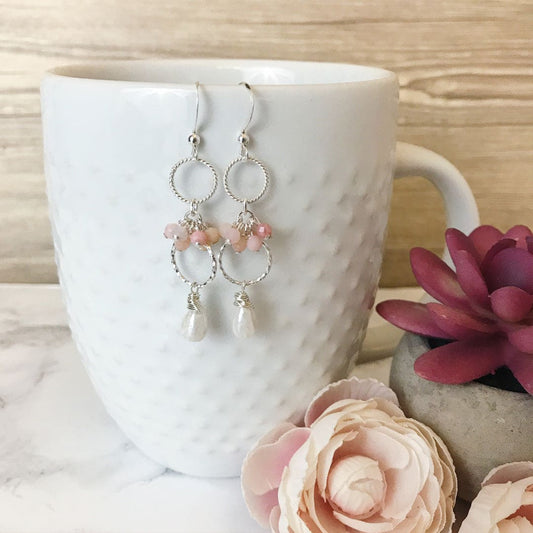 Earrings with pink opal and white teardrops