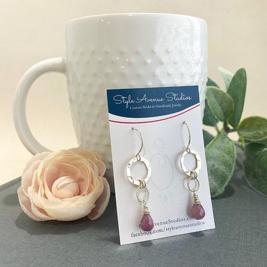 Pink Sapphire teardrops on two circle links and sterling earwires