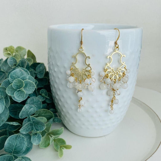 Bridal Statement Earrings Moonstone and Crystal in gold