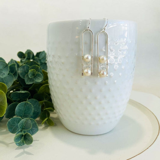 Modern Wire Pearl and Crystal Earrings