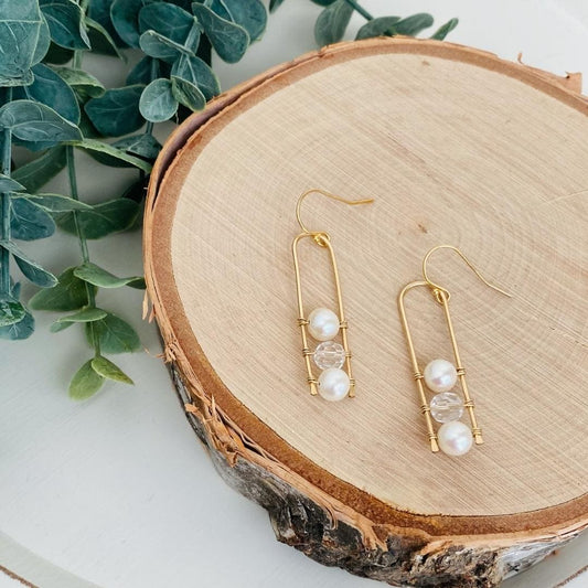 Modern  Pearl and Crystal Wire Earrings