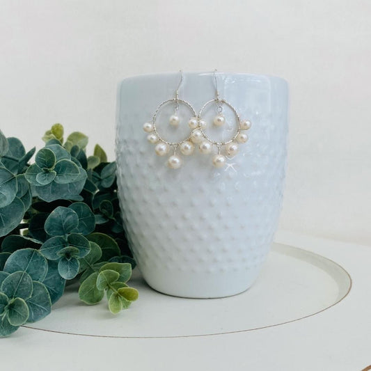 Silver Hoop with freshwater pearls wrapped around outside, sterling earwires