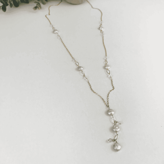 Long layer pearl necklace with crystals