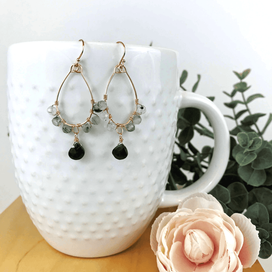 Tourmalinated moonstone and black garnet earrings